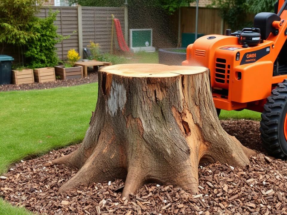 Stump grinding equipment beside a tree stump