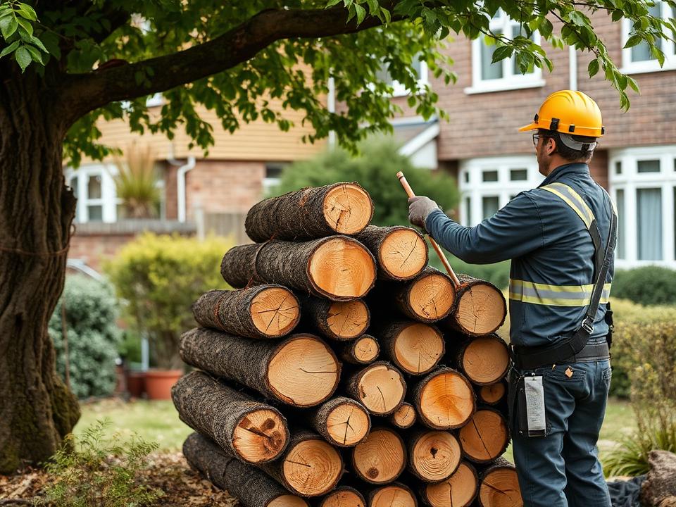 Tree removal work with logs stacked neatly in a garden